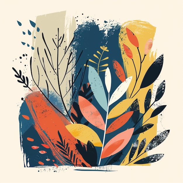 Photo modern botanical illustration with retro colors and abstract nature elements