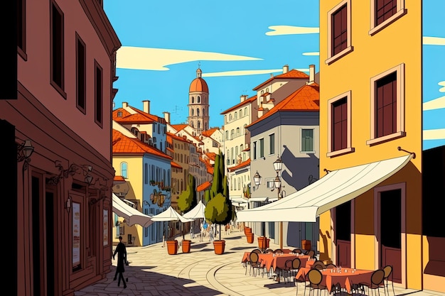 Modern boulevard in a European town with buildings housing cafes and shops depicted in a cartoon