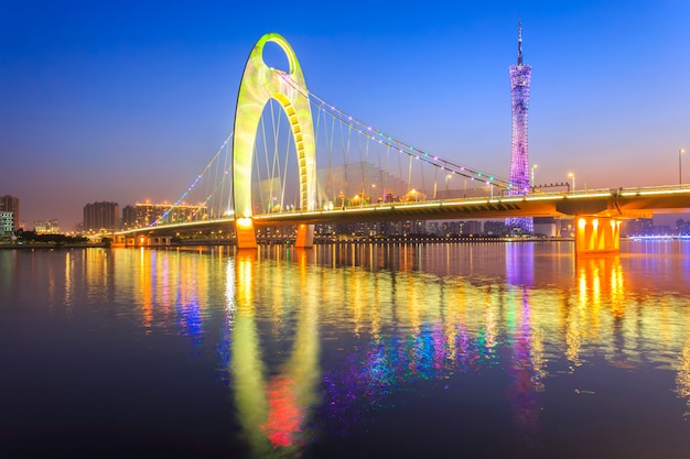 Modern bridge in Zhujiang river and modern building of financial district in guangzhou city