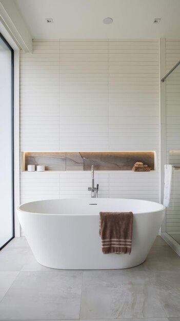 Modern bright bathroom with lamella wall big white bath with silver faucet and brown towel