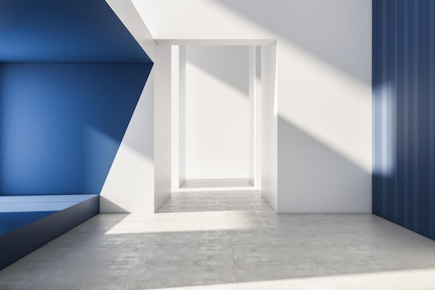 Modern bright blue and white empty interior 3D Rendering