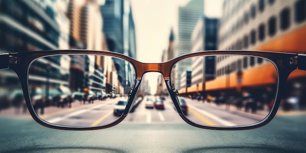 Modern bright city view through eyeglasses Blurry background