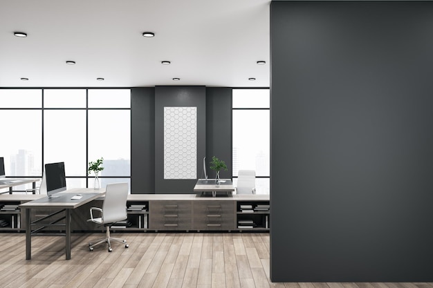 Modern bright coworking office interior with mockup place on wall window and city view wooden flooring daylight furniture and equipment 3D Rendering