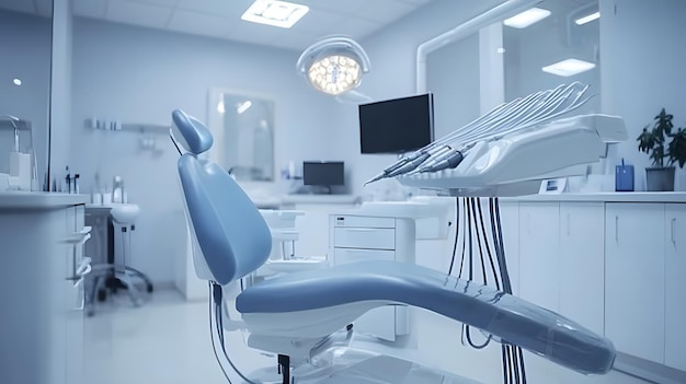 Photo modern and bright dental treatment room with advanced dental chair sleek design and wellorganized tools emphasizing a clean and professional environment