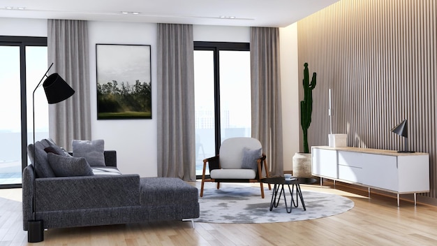 Modern bright interiors room 3D rendering illustration