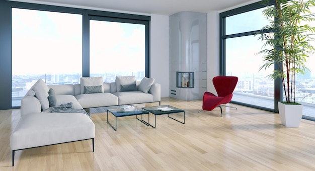 Modern bright interiors room 3D rendering illustration