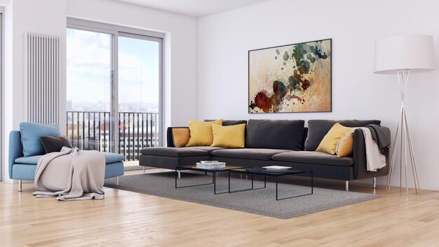 Modern bright interiors room 3D rendering illustration