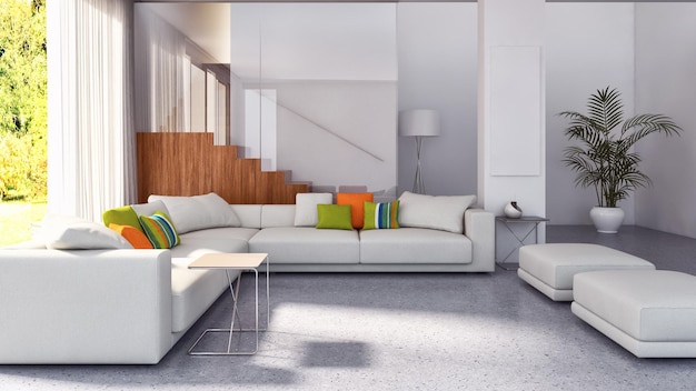 Modern bright interiors room 3D rendering illustration