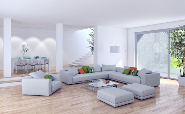 Modern bright interiors room 3D rendering illustration