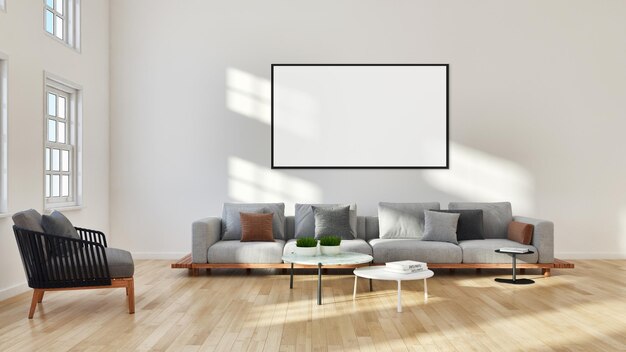 Modern bright interiors with mock up poster frame illustration 3D rendering computer generated image