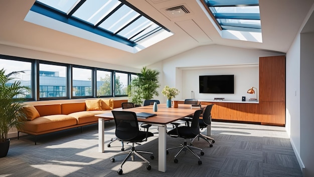 Modern bright office interior with skylights and open workspace design