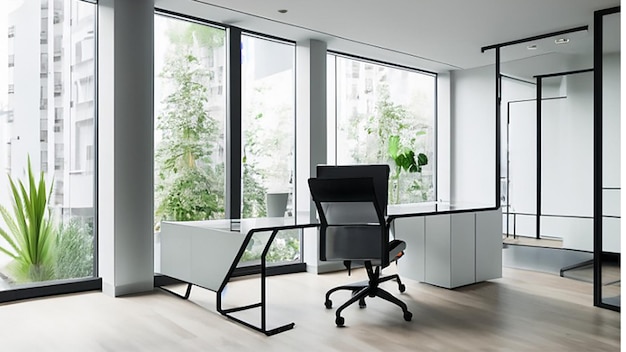 Modern bright office space with a glass desk and ergonomic office chair for company manager