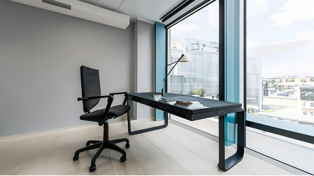 Modern bright office space with a glass desk and ergonomic office chair for company manager