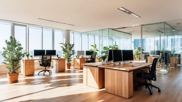 Modern bright office space with large windows desks and indoor plants for productivity