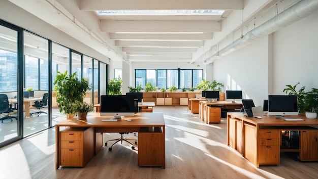 Modern bright office space with large windows desks and indoor plants for productivity