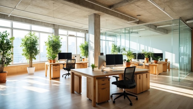 Modern bright office space with large windows desks and indoor plants for productivity