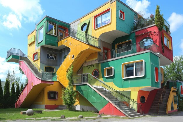 Photo a modern brightly colored school building featuring multiple floating staircases a surreal school building with floating staircases and upsidedown classrooms