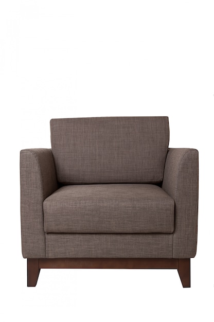 Modern brown fabric armchair isolated on white.