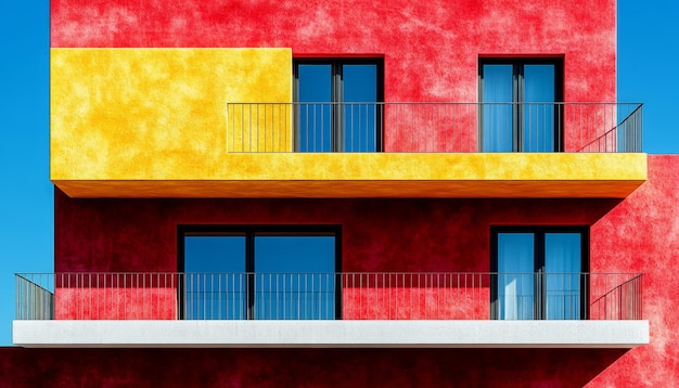 Modern building facade with red and yellow exterior and two balconies