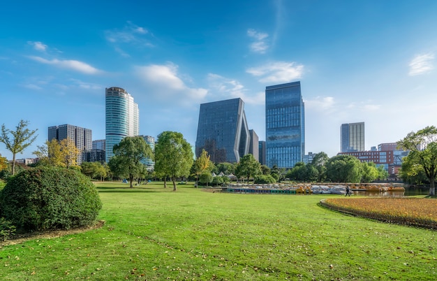 Modern building office building and city street in Ningbo business district