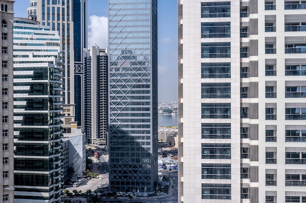 Modern building Reflective skyscrapers business office buildings Facade of modern office building Doha business district Business economy and finances concept