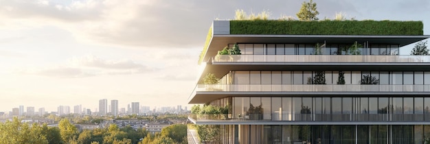 A modern building with green roof and balconies overlooking a city skyline This image symboliz