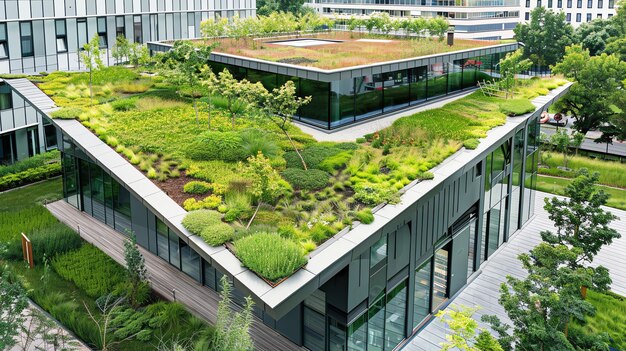 A modern building with a green roof and a wooden deck