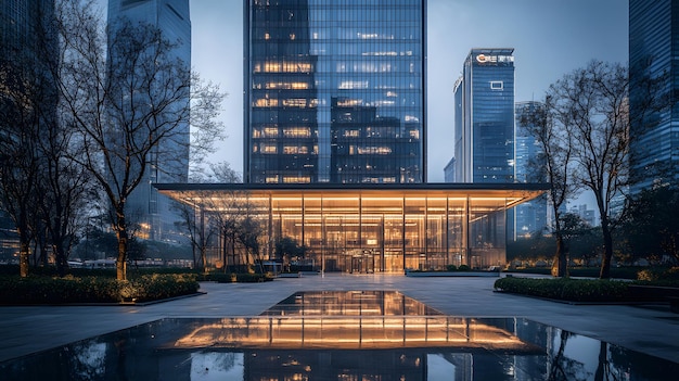 Modern Building with Reflecting Pool at Night