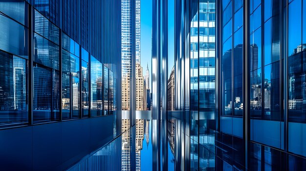 Photo modern building with reflective glass capturing mirrored skyscrapers creating a futuristic and sleek urban environment