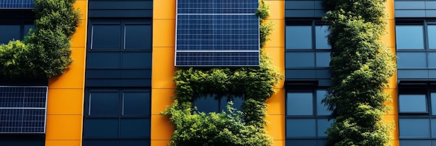 Photo a modern building with a yellow facade features integrated solar panels and vertical green wall