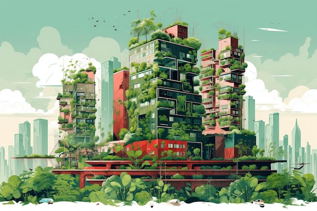 Modern Buildings Adorned with Vertical Gardens and Urban Farms Generative AI