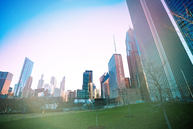 Modern buildings in city against clear sky