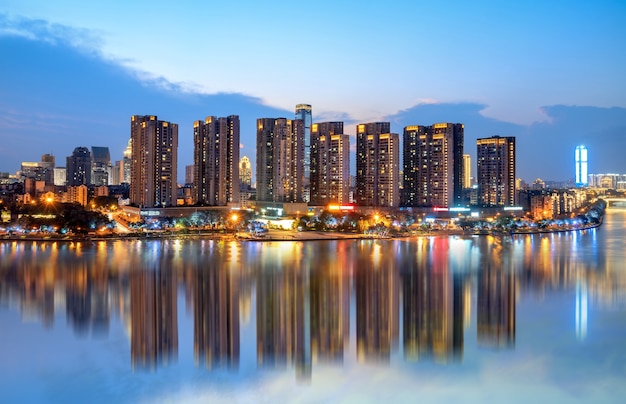 Modern buildings and reflections, Liuzhou, China.