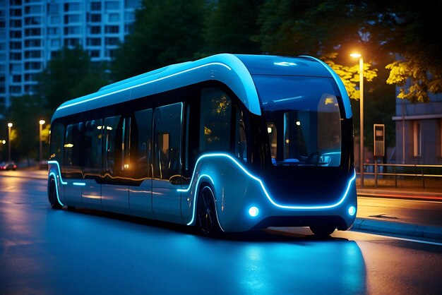 Modern bus in the city at night Transport concept