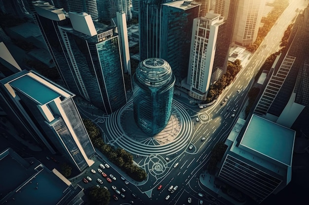 Modern business center with skyscrapers aerial view of busy city street created with generative ai