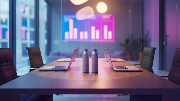 Modern Business Meeting Table with Charts and Laptops on Wooden Surface