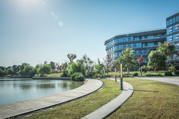 Modern business office building by the water