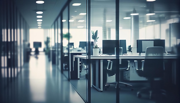 Modern business office without people with blurred bokeh background tables chairs computers copy space