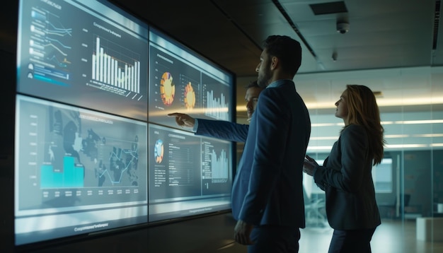 Modern Business Professionals Analyzing Customer Feedback on Large Screen in Stylish Office Setting