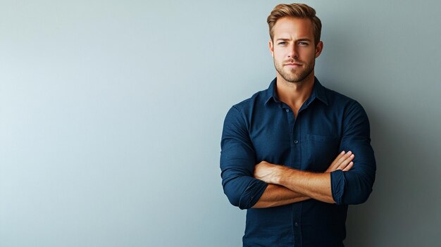 Photo modern businessman in deep blue shirt arms crossed looking confidently at camera