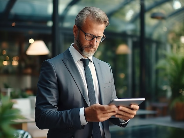 Modern businessman with tablet in business center interior Generative ai