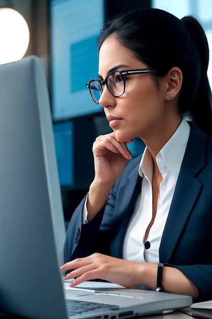 A modern businesswoman sits in her office her laptop glowing AI_generated