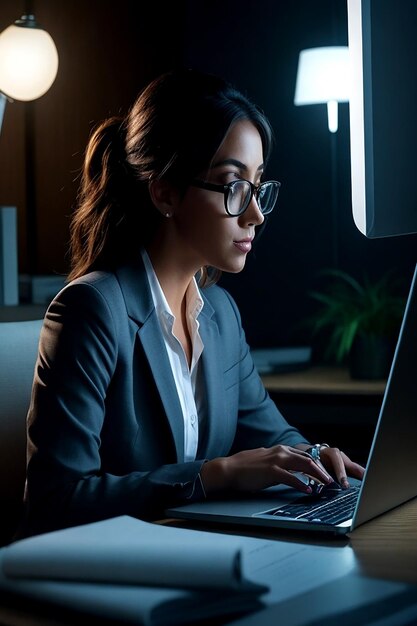 A modern businesswoman sits in her office her laptop glowing AI_generated