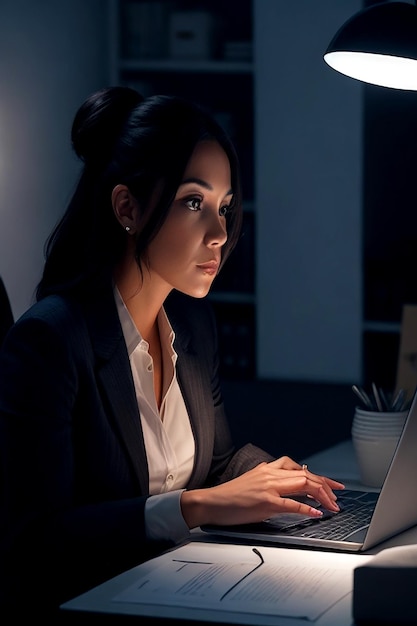 A modern businesswoman sits in her office her laptop glowing AI_generated