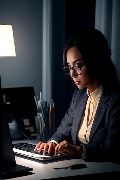 A modern businesswoman sits in her office her laptop glowing AI_generated