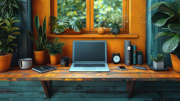 Modern busy illustration of UX and UI and creative tools mixed with some plants The atmosphere is friendly and hardworking with bright lights yellows oranges and greens