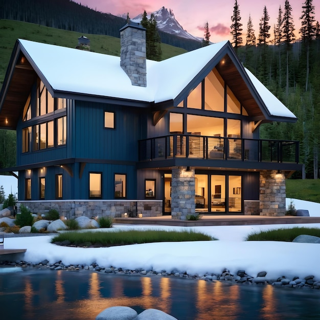 Modern Cabin in the Mountains with Snow and a Lake