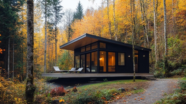 Photo modern cabin nestled in a lush autumn forest