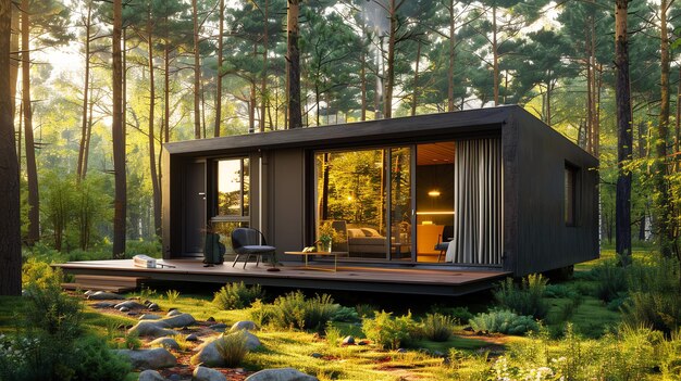 Modern cabin nestled in a lush forest setting showcasing natural light and sleek design