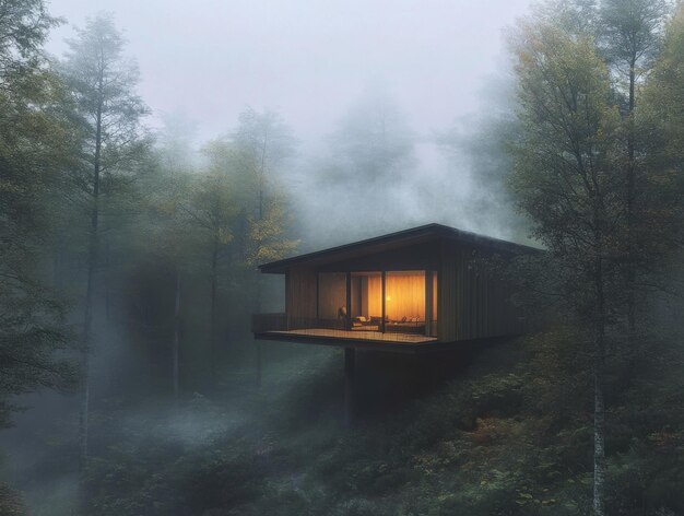 Photo a modern cabin nestled in a misty forest